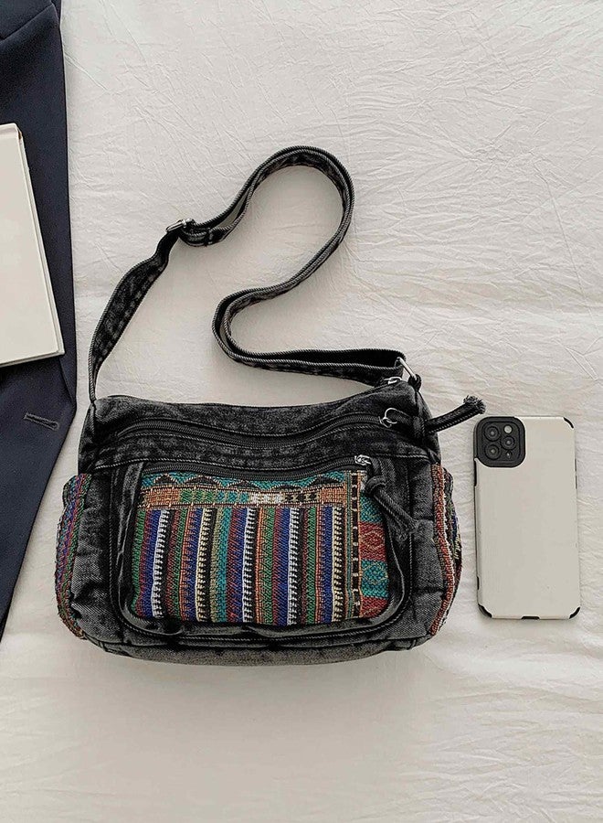 Winatehr crossbody bags denim purse for women, pocketbooks boho travel jean everyday purse for ladies vintage, black medium canvas crossbody side bag, bohemian casual fashion hippie accessories - Image 5